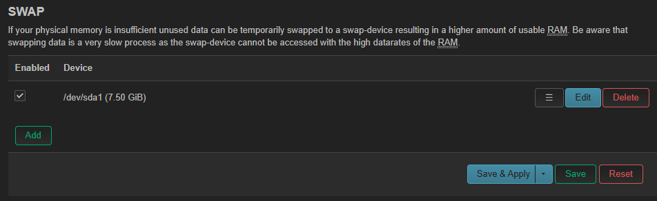 LuCI System -> Mount Points -> Swap