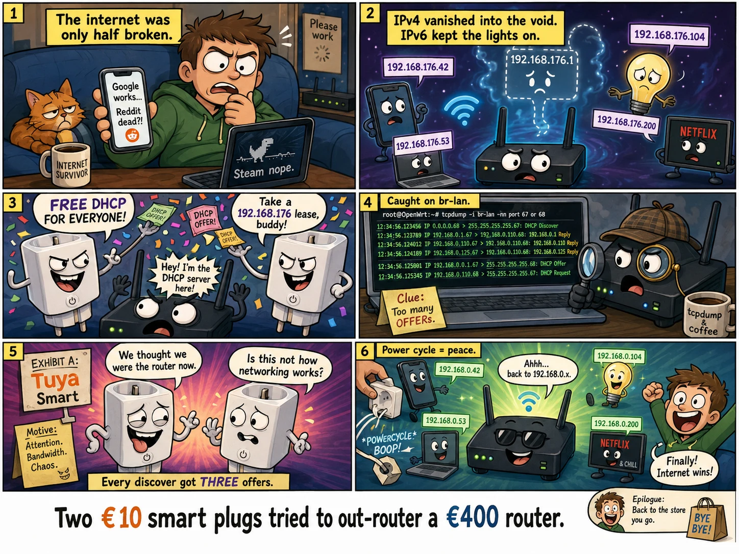 Six-panel comic of the incident: half-broken internet, ghostly 192.168.176.x leases, two grinning smart plugs handing out DHCP offers, a tcpdump session on the router, the Tuya plugs confessing, and peace after a power cycle